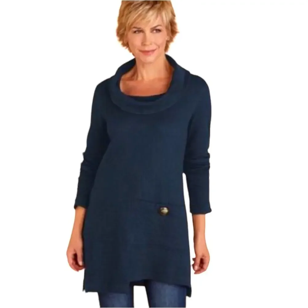Soft Surroundings Easy Fit Skylar Cowl Neck Navy Blue Cotton Tunic - Size M - Picture 1 of 6